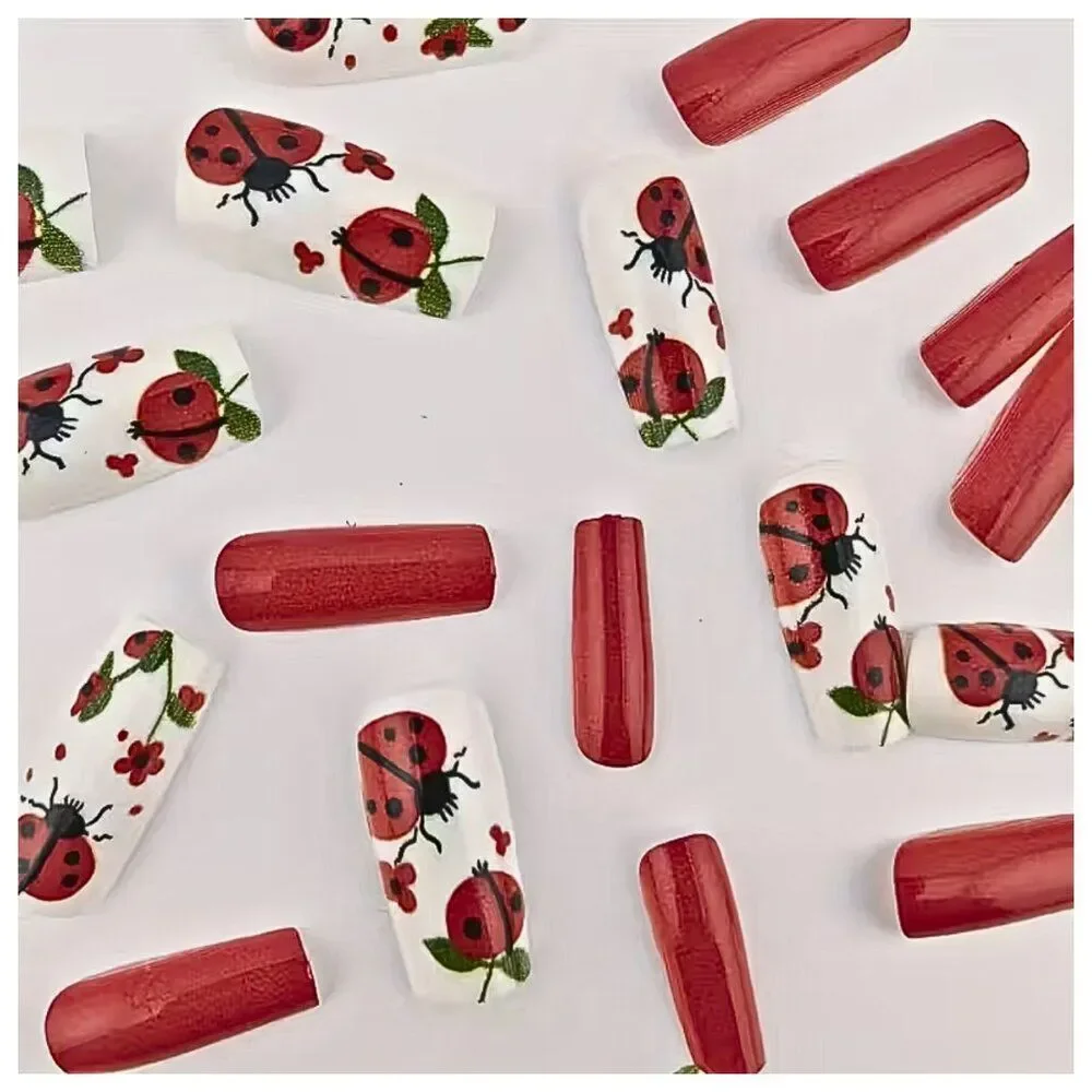 NWT Custom Ballet Mid Length Ladybug Press On Nails Floral 24 Pcs Set